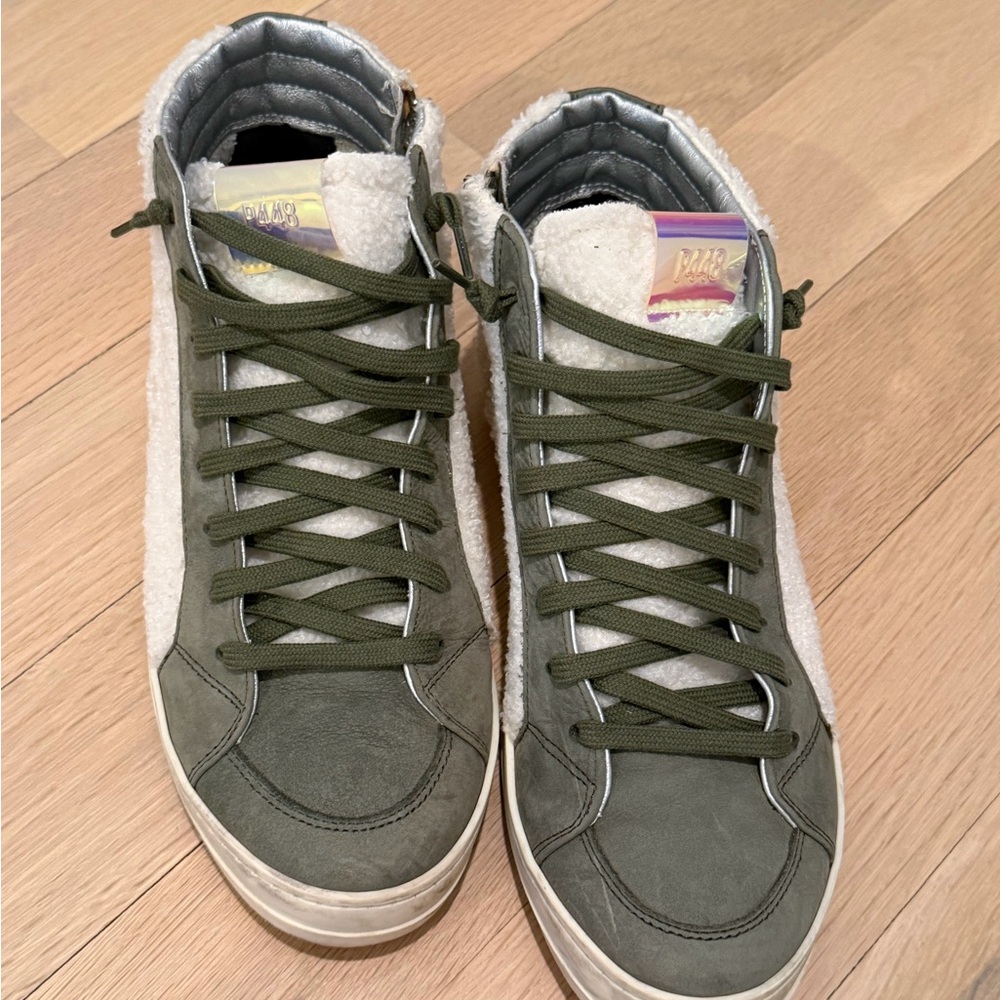P448 olive green suede and shearling side zip high top sneakers